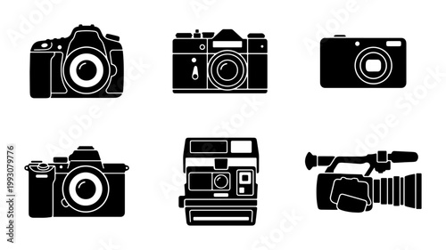Vintage camera icon set, 6 black silhouette photography equipment vectors, retro dslr and video