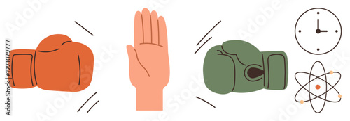 Conflict management, science, decision-making, time, teamwork, sports. Two boxing gloves and a raised hand with a clock and atom symbol. Conflict resolution and science