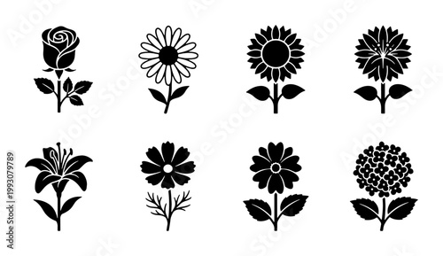 Minimalist black flower icons set, 8 floral vector silhouettes including rose and daisy, botanical garden plant symbols for logo design and web