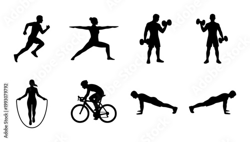 Fitness silhouette collection of 8 workout icons, athletic people exercising vector set, gym training and cardio sports activities on white background