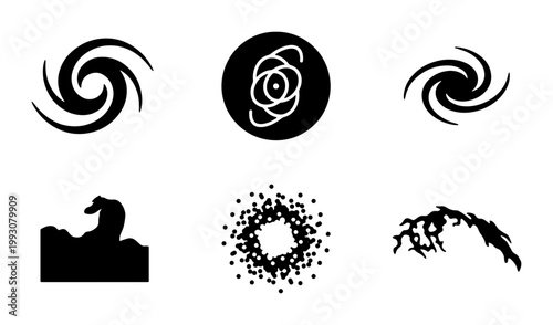 Abstract cosmic galaxy icons set, black spiral vortex vector shapes, celestial nebula symbols