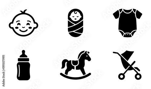 Fotografi Baby care icon set with 6 black solid vector symbols, newborn infant nursery ele