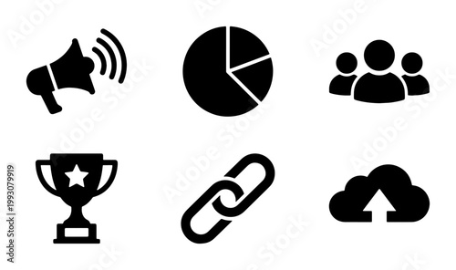Minimalist business icon set, 6 black vector marketing symbols, corporate web interface elements