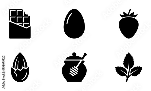 Minimalist food ingredient icons, black solid vector set of 6 culinary symbols, baking elements