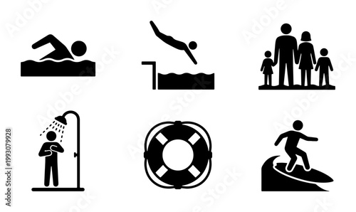 Tableau sur toile Swimming pool and beach activity icons set, black silhouette water sports symbol