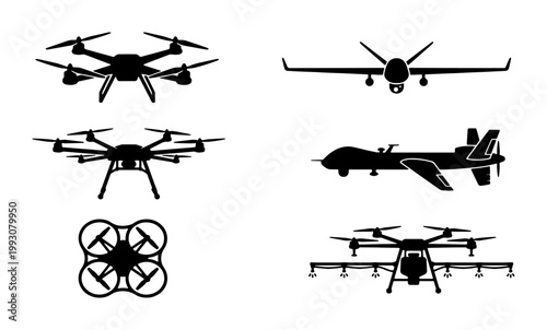 Military drone silhouettes, 6 unmanned aerial vehicle icons, black UAV and quadcopter vector set