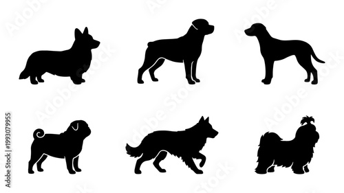 Dog breed silhouette collection, 6 black canine vector icons, pet animal profile set for logos