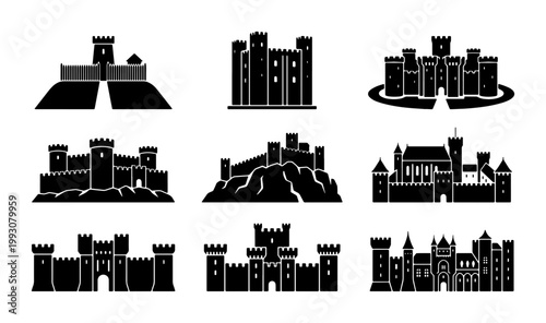 Bild auf Leinwand Medieval castle silhouette icons, set of 9 black fortress vector illustrations,