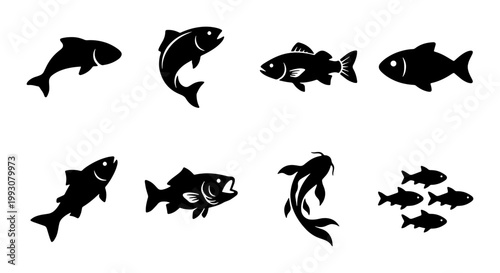 Black fish silhouette icons set, aquatic animal vector collection, fishing logo design elements