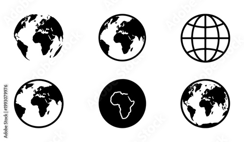 Minimalist world globe icon set, black earth map vector collection, global logistics web symbols