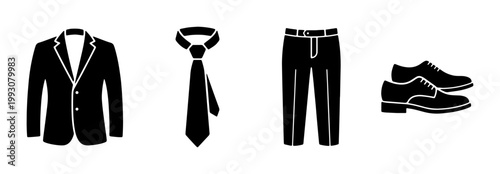 Formal business suit icons set, black silhouette of mens blazer and necktie, elegant dress pants and leather shoes vector illustration