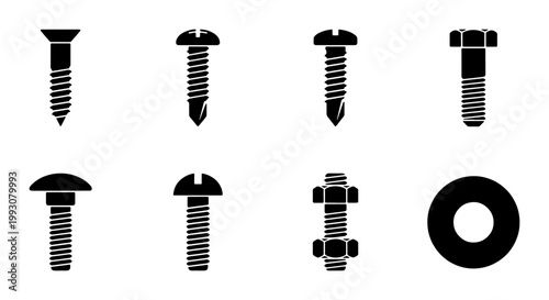 Industrial screw and bolt icon set, 8 black metal hardware vector elements, construction fasteners