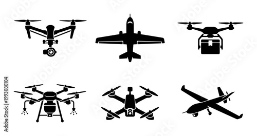 Unmanned aerial vehicle icons, set of 6 black drone silhouettes and aircraft vectors, professional uav and delivery quadcopter symbols for logistics