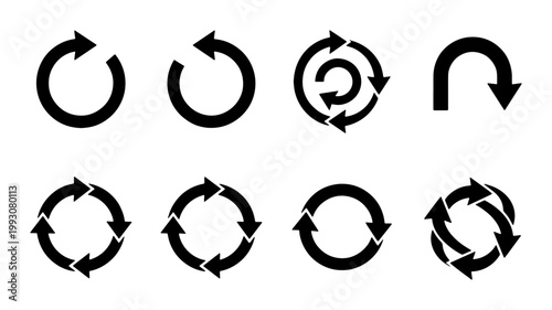 Schilderij op canvas Minimalist black circular arrow icons set, 8 vector rotation and refresh symbols