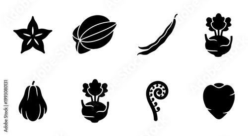 Minimalist vegetable and fruit icons, black silhouette food collection, set of 8 organic produce vector symbols for grocery and menu design