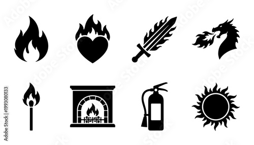 Fire and heat icon set, black flat vector symbols of flame, burning heart, dragon and fireplace, 8 professional graphic elements for safety and fantasy