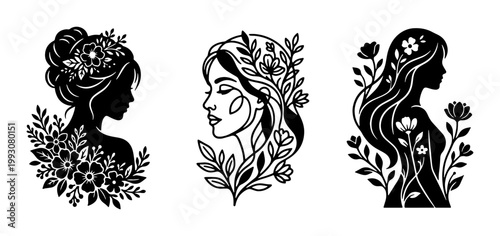 Minimalist female portrait silhouettes with floral elements, elegant woman face line art vector set, botanical beauty and hair salon logo icons