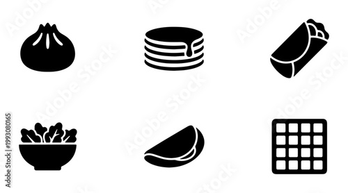 Minimalist food icon set featuring 6 black solid vector symbols, breakfast and snack food illustrations, restaurant menu graphic elements