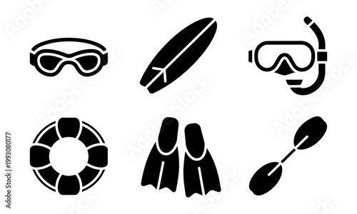 Collection of black icons for scuba diving and snorkeling equipment on white background