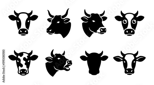Cow head silhouette vector icons, set of 8 bull and heifer face symbols, black and white livestock farm animal graphics for butchery and dairy logos