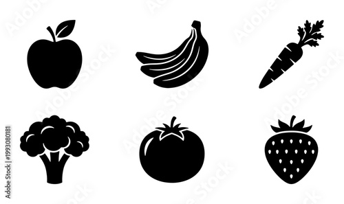 Minimalist fruit and vegetable icons set, black silhouette food symbols, collection of 6 organic produce vector illustrations for grocery branding