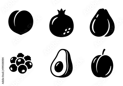 Minimalist black fruit icons set, 6 organic food vector silhouettes, modern flat peach pomegranate pear blueberry avocado and plum symbols