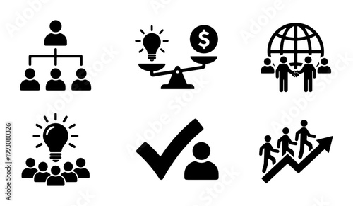 Business management icon set, corporate leadership and teamwork symbols, professional strategy and growth vector elements for presentation