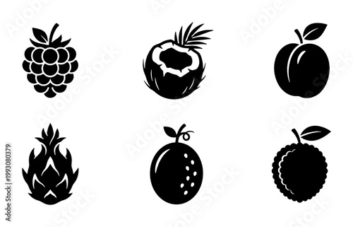 Minimalist tropical fruit icons set, black silhouette fruit vector collection of 6 elements, organic food symbols for grocery branding and menu design