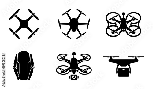 Modern drone silhouette icons set, 6 black quadcopter and hexacopter vector symbols, aerial photography and delivery drone graphics