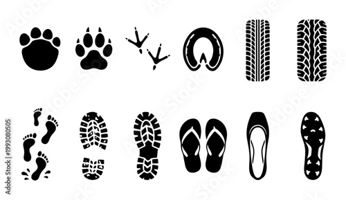 Black footprint and track icons set, animal paw prints and human shoe sole marks, tire tread and bird trail vector silhouettes on white background