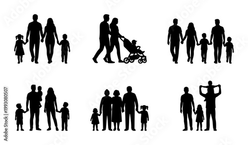 Family silhouette vector set, diverse parents and children walking together, black human figures collection, people silhouettes with baby stroller