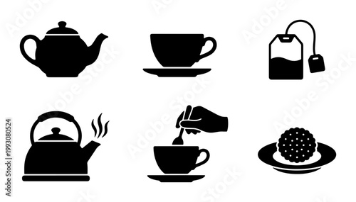 Black tea icon set with teapot and cup, minimalist beverage symbols for cafe menu, 6 vector elements including tea bag and kettle