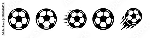 Soccer ball icon set with motion effects, black and white football vector graphics, 5 sports equipment symbols for competition branding and athletic design