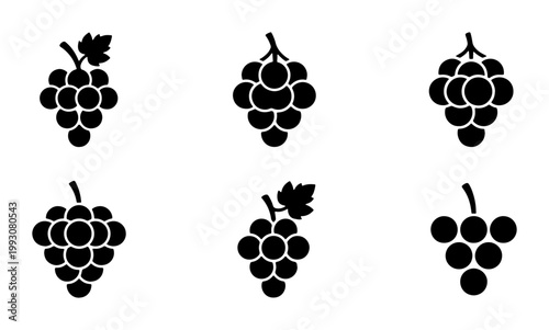 Minimalist grape icons set, black silhouette fruit bunches with leaves, 6 vector grape clusters for winery branding and organic food logos