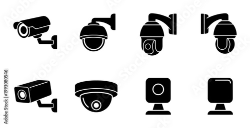 Security camera icon set, black surveillance CCTV vector collection, professional monitoring and safety equipment symbols for web and app design