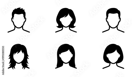 Minimalist avatar icons set, black silhouette profile heads of men and women, 6 vector user person symbols for web interface and social media