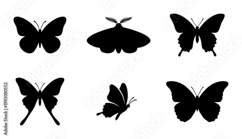 Black butterfly silhouette collection, 6 decorative moth and butterfly vector icons, minimalist insect wing shapes for nature logos and graphic design