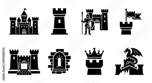 Quadro su tela Medieval castle icons set, black silhouette fortress and kingdom symbols, 8 vect