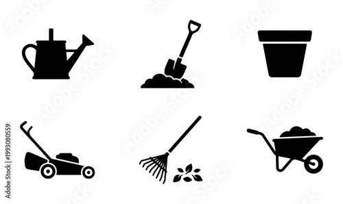 Garden tools icon set, black silhouette gardening equipment collection, 6 vector symbols for landscaping and horticulture maintenance