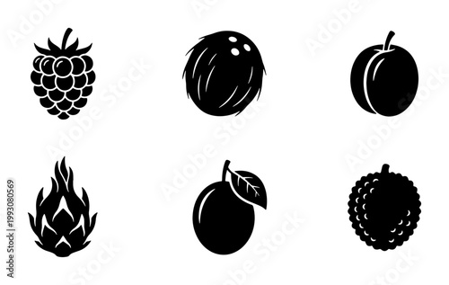 Minimalist black fruit icon set, collection of 6 organic food silhouettes, flat vector symbols of raspberry coconut plum dragon fruit and lychee