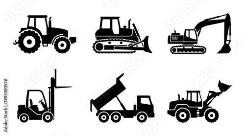 Heavy machinery construction vehicle icons, black silhouette set of 6 industrial equipment vectors, tractor excavator and forklift graphics