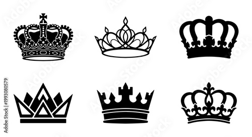 Royal crown vector icons set, black heraldic tiara silhouettes, 6 elegant king and queen headwear symbols for luxury branding and logo design