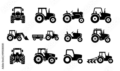 Agricultural tractor icons set, black silhouette farm machinery vectors, 12 industrial farming vehicle symbols for agriculture and heavy equipment design