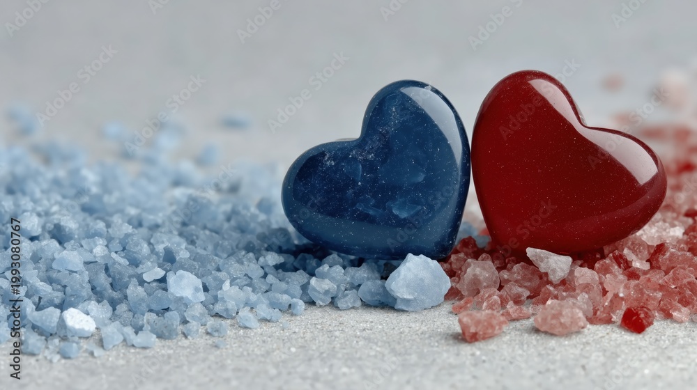 Fototapeta premium Two small hearts red and blue lying on sand with soft focus background minimal composition and gentle lighting symbolic contrast Concept of relationship and balance