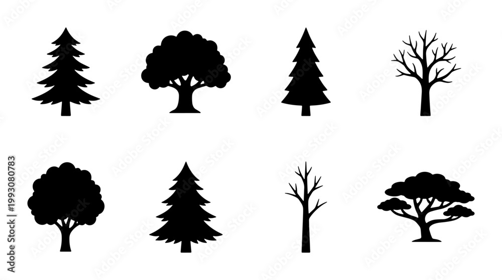 Fototapeta premium Black tree silhouettes set, 8 forest plant icons in vector format, minimalist pine and oak tree shapes, natural landscape design elements