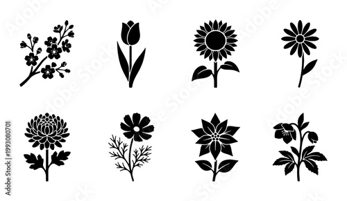 Minimalist black flower icon set, 8 botanical floral silhouettes including sunflower and tulip, flat vector nature symbols for web design