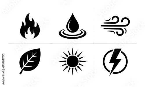 Minimalist nature element icons set, black vector symbols of fire water wind leaf sun and lightning, ecological energy and environment signs
