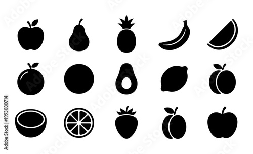 Minimalist fruit icon set with 15 black vector silhouettes, organic food symbols for grocery apps, healthy eating flat graphic elements on white background