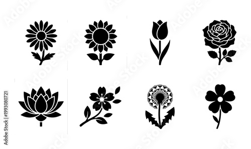 Minimalist black flower icons set, 8 floral vector silhouettes including rose and sunflower, botanical nature symbols for logo design and branding