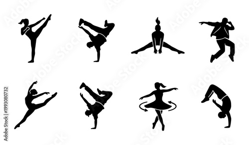 Dynamic dance silhouettes set, 8 vector icons of breakdance and ballet performers, black athletic dancer figures in motion, urban street dance and gymnastics poses